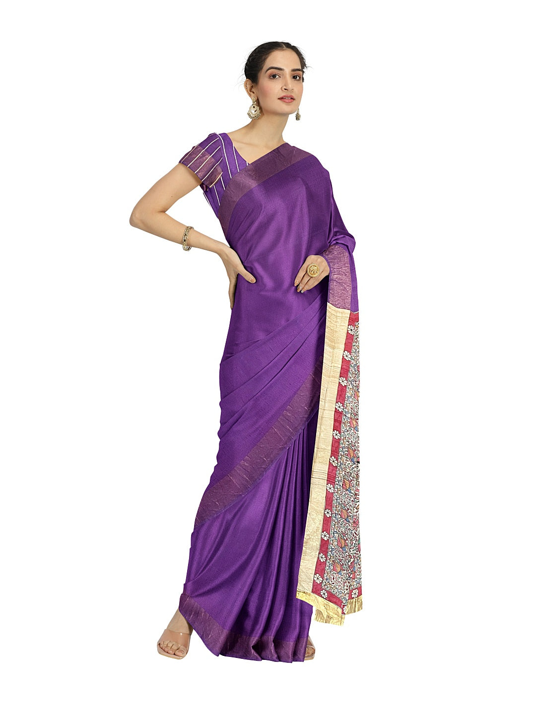 Hand-painted Madhubani Tussar Staple Silk Saree on Purple